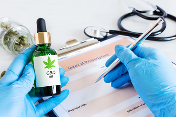 Doctor prescribing CBD oil for patient. Bottle of Cbd oil, cannabis seeds and dry leaves over medical prescription sheet. Medical marijuana, alternative medicine concept.