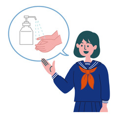 学生　女の子　セーラー服　アルコール消毒