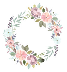 Watercolor floral wreath with flowers roses and leaves. Wedding decor with beautiful watercolor floral frame © moleskostudio