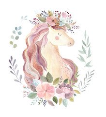 Beautiful watercolor illustration with magical unicorn and flowers © moleskostudio