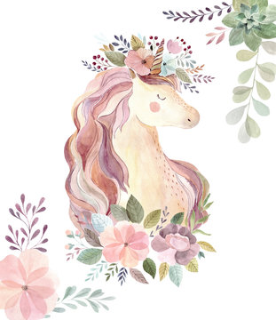 Beautiful watercolor illustration with magical unicorn and flowers