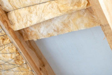 New house under construction with rockwool insulation material