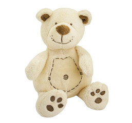 Teddy bear isolated on white background. Soft toy for gift, greeting card, packaging or mock up