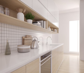 Modern white kitchen near window with a wooden floor,countertops with wooden cupboards,,set of kitchen equipment.3d rendering