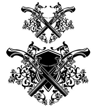 antique dueling pistols crossed against heraldic shield with rose flower ornament - black and white vector coat of arms design for security and guard concept
