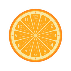 Orange slice concept, Printable clock face template isolated on white background. Clock dial with orange fruit background.