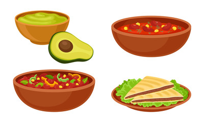 Bowl with Baked Beans and Tacos or Burrito Food Vector Set