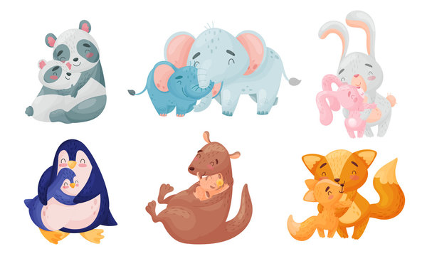 Zoo Mom Animals with Their Cubs Hugging and Cockering Them Vector Set