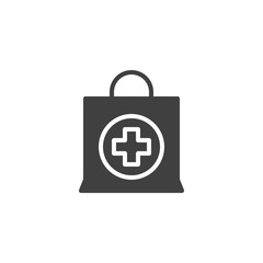 Pharmacy shopping bag vector icon. filled flat sign for mobile concept and web design. Drugstore delivery bag glyph icon. Symbol, logo illustration. Vector graphics