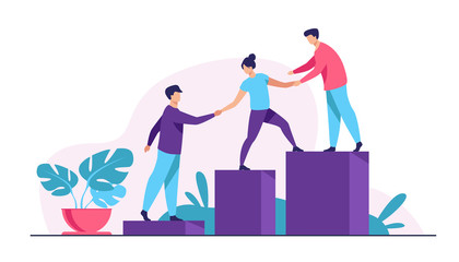 Employees giving hands and helping colleagues to walk upstairs. Team giving support, growing together. Vector illustration for teamwork, mentorship, cooperation concept