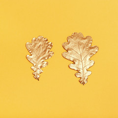 Two metallic colored leaves on yellow paper background. Big and small. Design decoration with Autumn leaf.