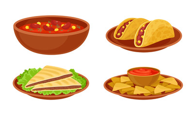 Bowl of Baked Beans with Vegetables and Tacos Vector Set