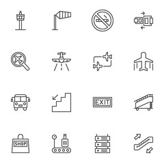 Airport line icons set. linear style symbols collection, outline signs pack. vector graphics. Set includes icons as flight control tower, airport runway, windsock, baggage Carousel, airplane landing