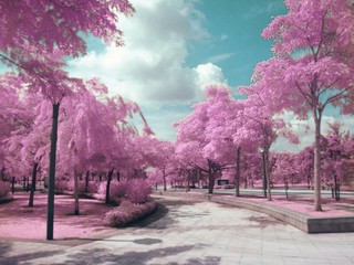 Narrow Walkway Along Cherry Blossoms