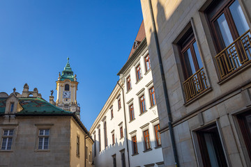 Fototapeta na wymiar Bratislava Old Town Hall Clock Tower view and blue sky background