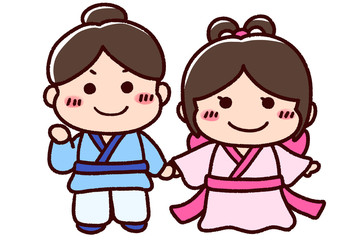 かわいい織姫と彦星　手を繋ぐ