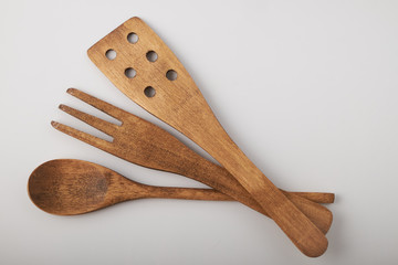 Top view Wooden spoon isolated on white background clipping path.