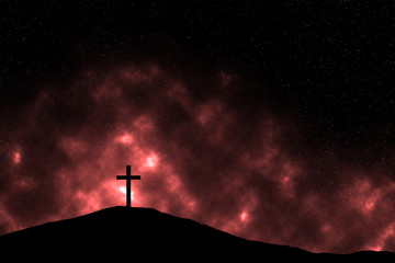 Cross on the hill on a space background. Sacrifice of Jesus, Easter