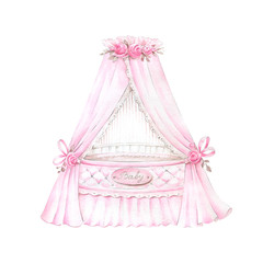 Pink cradle for baby girl.Watercolor hand drawn illustrations isolated on white background.