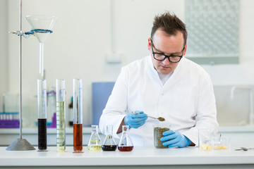 Scientist spilling hemp out of laboratory spoon