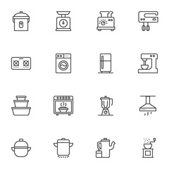 Kitchen utensils line icons set. Kitchenware linear style symbols collection, outline signs pack. Homeware vector graphics. Set includes icons as toaster, electric mixer, blender, fridge, cooking pan