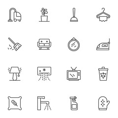 Household equipment line icons set. linear style symbols collection, outline signs pack. Home appliances vector graphics. Set includes icons - vacuum cleaner, electric iron, air conditioner, desk lamp