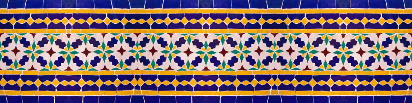 Composition of typical maroccan wall decorations with colored ceramic tiles called azulejos with a geometric design - It's a seamless texture,  useful for rendering