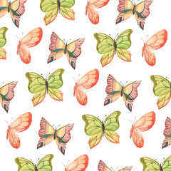 Watercolor pattern with bright butterflies on a white background