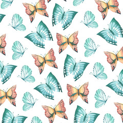 Watercolor pattern with bright butterflies on a white background