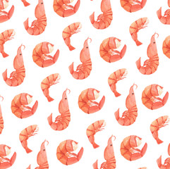 Watercolor pattern with shrimp on a white background