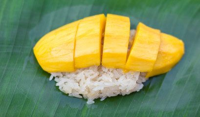 Mango sticky rice and coconut milk on leaf banana background.