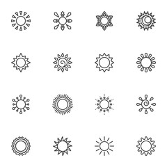 Summer sun line icons set. linear style symbols collection, outline signs pack. vector graphics. Set includes icons as solar, sun rays, sunbeam, sunshine, sunny weather, sunlight