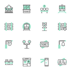 Railway travel filled outline icons set, line vector symbol collection, linear colorful pictogram pack. Signs logo illustration, Set includes icons as railroad station, ticket box, train, waiting room