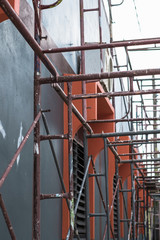 Close up detail of Steel scaffolding at construction site with protection.