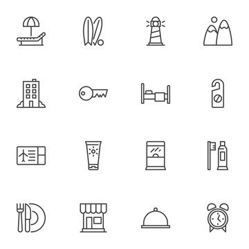 Summer travel line icons set. linear style symbols collection, outline signs pack. vector graphics. Set includes icons as deck chair umbrella, surfing, hotel building, sunscreen, boarding pass, clock