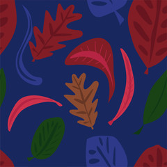 Fototapeta na wymiar seamless pattern of leaves of different shapes and colors, in the style of scribble drawn