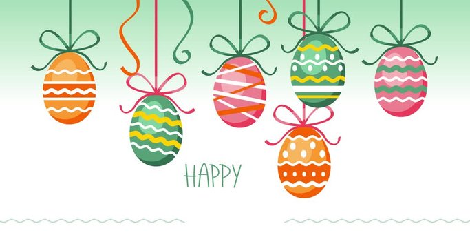 Congratulation happy Easter animated footage 4K. Colored Easter Eggs on ribbons move from above. Lettering Happy Easter. Vector illustration for cinema, social network, web banner.