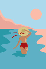Obraz na płótnie Canvas Creative conceptual vector illustration. Woman in hat swimming sunbathing in the sea ocean in the sunset.