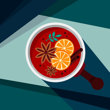Creative conceptual vector illustration. Retro vintage abstract poster with mulledwine drink bowl in the sun with contrast shadows.