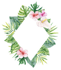 Exotic floral frame with green leaves and flowers. Pink Hibiscus, white Calla Lily . Watercolor tropical florals.