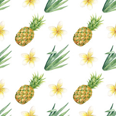 Pineapple and white plumeria flowers seamless pattern on white background. Watercolor cute tropical plants wallpaper.