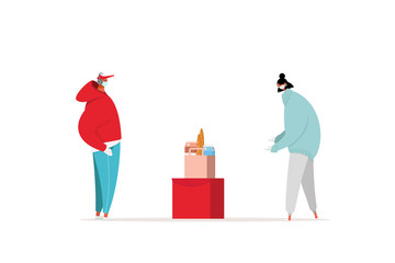 A courier in a medical mask delivers orders. Contactless delivery concept illustration. Safe delivery during a coronavirus pandemic.