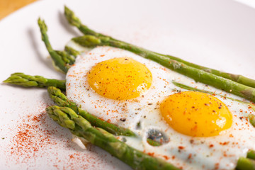 Stir-fried eggs with green asparagus. Fast lunch ideas, healthy breakfast, summer food.