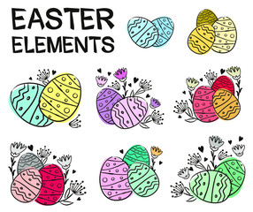 Set for easter decoration. Painted eggs and flowers in doodle style. Multi-colored watercolor stains. Vector elements for the design of Easter cards, posters and banners.