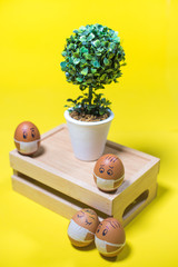 Funny Easter eggs in masks and potted plant on the wooden box. Yellow background. Quarantine scene. Isolation. Stay at home.