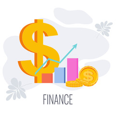 Finance infographics pictogram. Huge dollar, coins and bar graph.