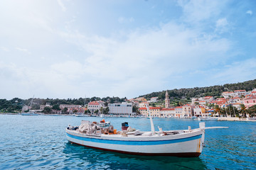 Fototapeta na wymiar Hvar Old Town Promenade. Sea coast in Dalmatia,Croatia. A famous tourist destination on the Adriatic sea.