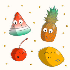 Colorful hand drawn cute baby pineapple, watermelon, cherry berry and lemon. Vector isolated cozy tropical fruit background for greeting card. Funny fruits template.