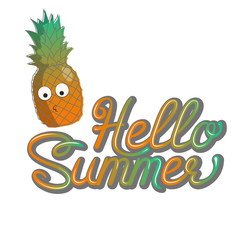 Colorful hand drawn cute baby pineapple with hello summer lettering. Vector isolated tropical fruit background for greeting card. Funny fruit and calligraphy template.