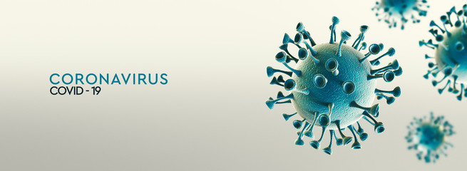 High resolution banner Coronavirus microscopic view. Dangerous asian ncov corona virus, SARS concept with text on teal background. 3d rendering - obrazy, fototapety, plakaty